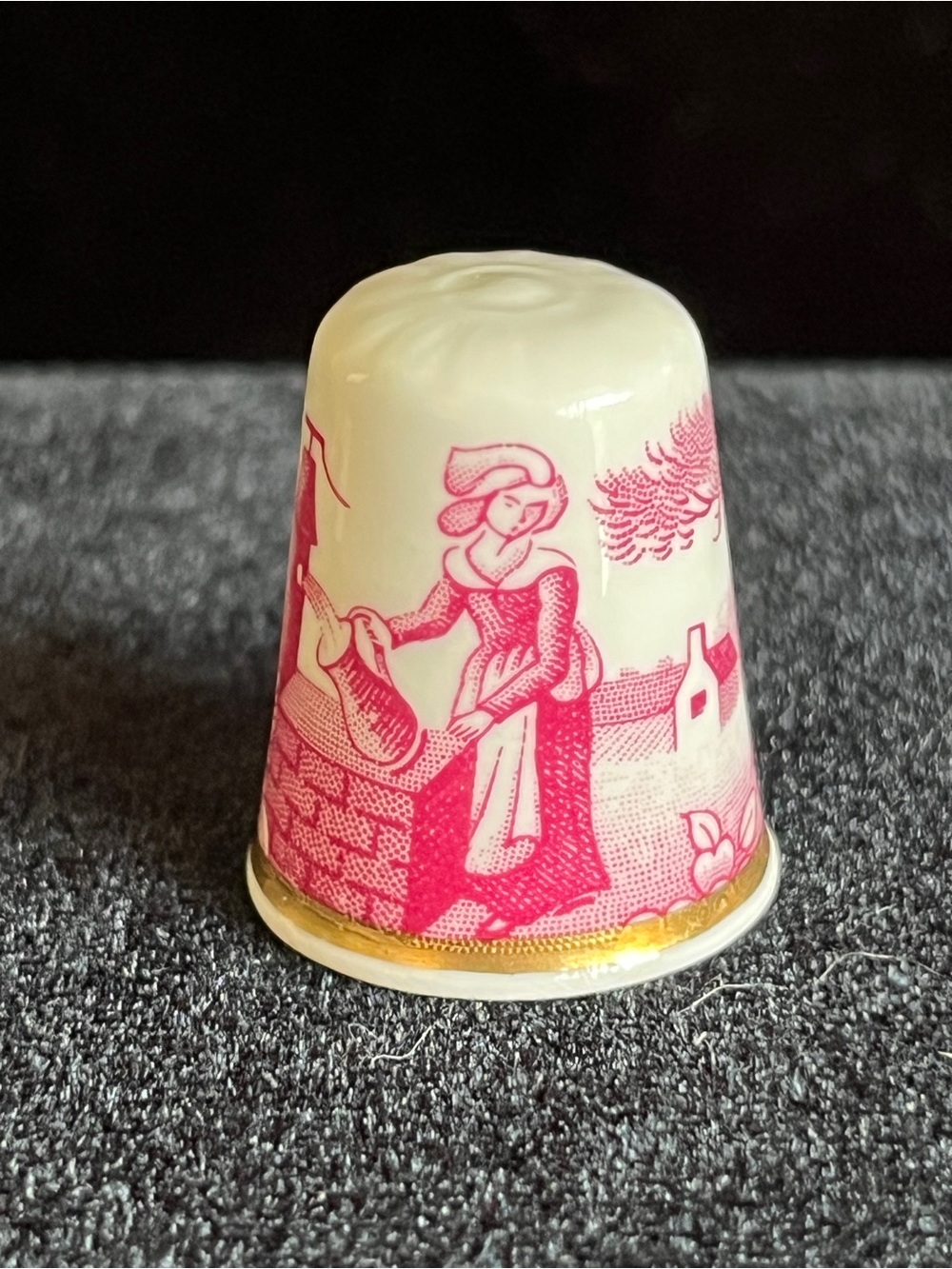 Vintage 80s Thimble SPODE of England Fine Bone China Red Printed Girl at Well